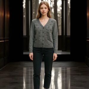 Nic + Zoe Women Grey Cardigan Button Detail Rossette Applique Office Siren Sz Lg